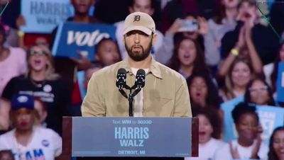 Eminem hits out at Trump in three-word plea to voters at Detroit rally