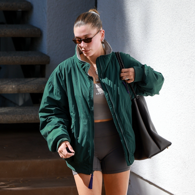 Hailey Bieber Elevates Her Pilates Bike Shorts With Leather, Loafers, and Lots of Diamonds