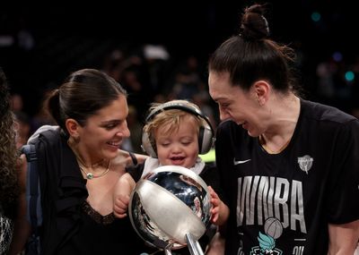 Breanna Stewart’s wife, Marta Xargay, wore a perfect custom Stewie shirt to Liberty title parade