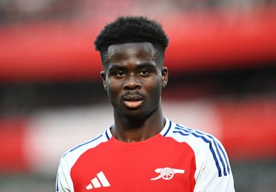 Bukayo Saka pictured with Arsenal squad ahead of Liverpool clash