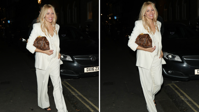 Sienna Miller proved high street can look so expensive as she wore head-to-toe M&S in crisp white suit with animal print clutch