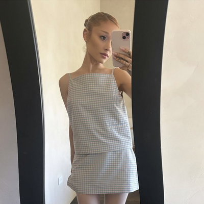 Ariana Grande Is a Bona Fide Sandy Liang Girl In $625 Ballet Flats and an Unreleased Gingham Skirt Set