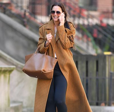 Katie Holmes Makes the Case for a Fall Legging Renaissance in Combat Boots and the Perfect Plaid Trench