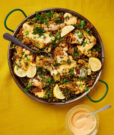 Thomasina Miers’ recipe for turmeric chicken rice with peas and habanero allioli