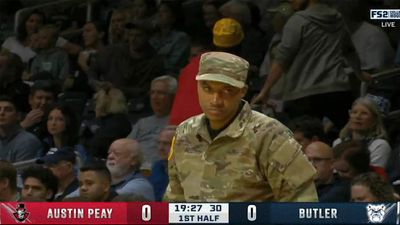 Austin Peay Basketball's Corey Gipson Coached in Full Military Uniform vs. Butler