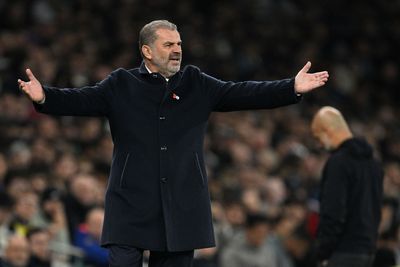 Tottenham manager Ange Postecoglou glares at supporter after shock defeat to Ipswich