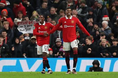 Marcus Rashford reacts as Tyrell Malacia makes long-awaited Manchester United comeback