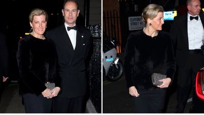 Duchess Sophie was a vision of elegance in slinky black dress styled with fluffy jacket and glittery clutch bag