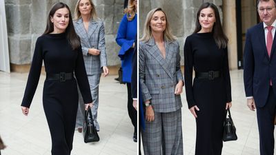 Queen Letizia makes a plain black jumper dress the most elegant outfit for winter days out - all you need is some knee high boots and a waist belt