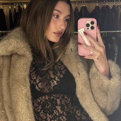 Hailey Bieber's Postpartum Style Now Includes Lace Tops, Visible Bras, and Fur Coats