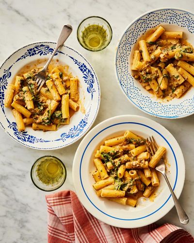 Georgina Hayden’s recipe for mushroom, spinach and sun-dried tomato rigatoni