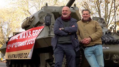 Al Murray and James Holland ride through London on Second World War-era ‘tank’