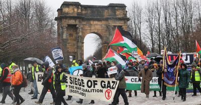 Pro-Palestine campaigners gather for Glasgow demonstration despite Storm Bert