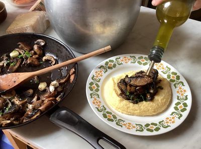 Rachel Roddy’s recipe for polenta with buttery garlic mushrooms