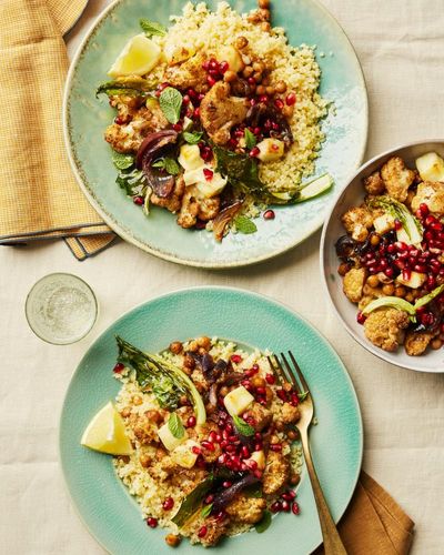 Rukmini Iyer’s quick and easy recipe for spiced roasted cauliflower with chickpeas, halloumi and lemony bulgur