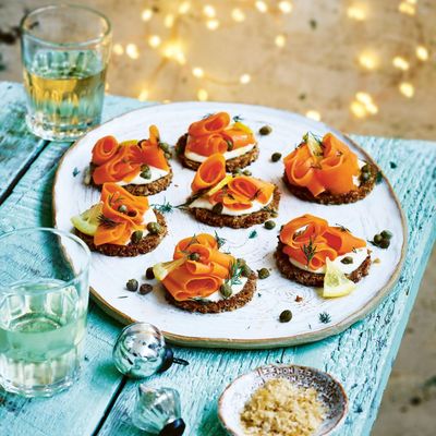 Carrot ‘lox’ with ‘cream cheese’, capers and dill canapés recipe by Gaz Oakley