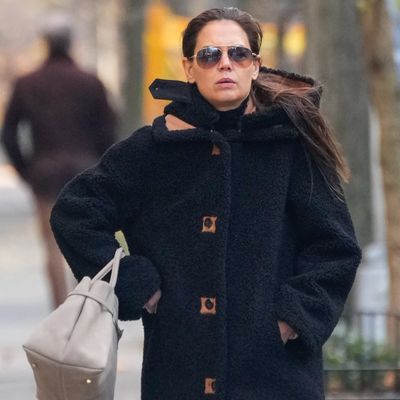 Katie Holmes and Her Duffle Teddy Coat Take the Sock Boot Trend for Rom-Com Worthy Spin