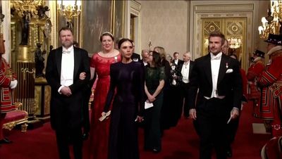 David and Victoria Beckham arrive at Qatari state banquet hosted by King Charles