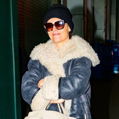 Katie Holmes Bundles Up in a $4,995 Take on the Shearling Coat Trend and $60 Velvet Pants