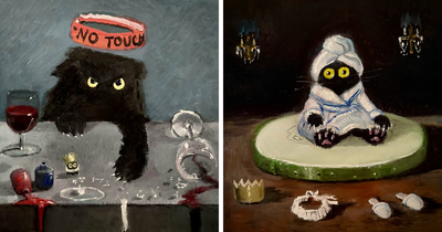 44 Humorous Paintings Of Black Cats Being Chaotic In Various Settings Painted By This Artist