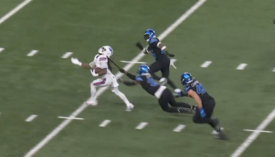 Kerby Joseph unsuccessfully tried to tackle James Cook by the hair during a 41-yard Bills touchdown run