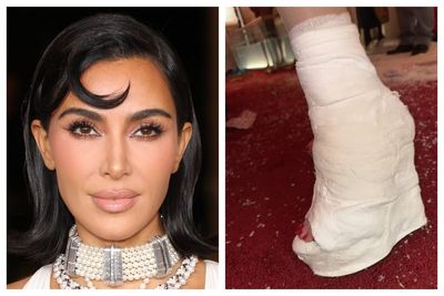 Kim Kardashian debuts heel-shaped cast after foot injury