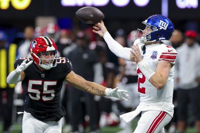 Falcons LB Kaden Elliss forces a strip-sack on Giants QB Drew Lock