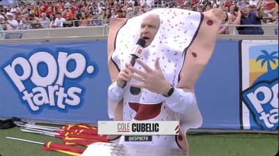 ESPN’s Cole Cubelic rocked a Pop-Tarts Bowl mascot costume during game broadcast