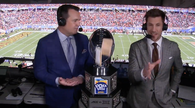 The Pop-Tarts Bowl toaster trophy showed off its surprise catapult feature in ESPN broadcast booth