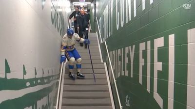 Blues Players Struggle Down Stairs Walking From Locker Room to Ice at Winter Classic