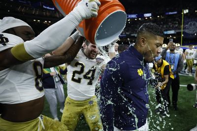 Notre Dame players patiently waited to give Marcus Freeman his Gatorade bath after Sugar Bowl win