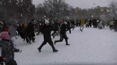 Massive snowball fight erupts in Washington DC as winter storm hits the city