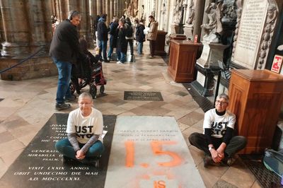 Just Stop Oil supporters spray-paint ‘1.5 is dead’ on Charles Darwin’s grave