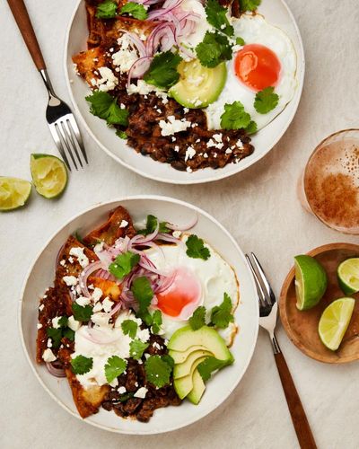 Thomasina Miers’ recipes for chilaquiles with smoky tomatillo salsa and black beans, and pink grapefruit mocktail