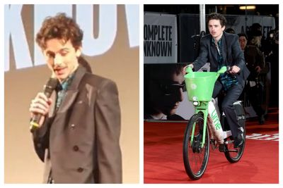 Timothée Chalamet addresses LA wildfires after arriving at London premiere on a Lime Bike