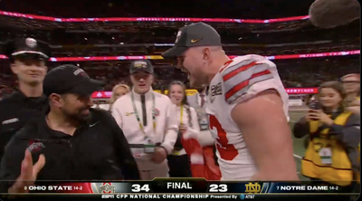 Jack Sawyer swarmed Ryan Day during his ESPN postgame interview to celebrate Ohio State’s CFP title win