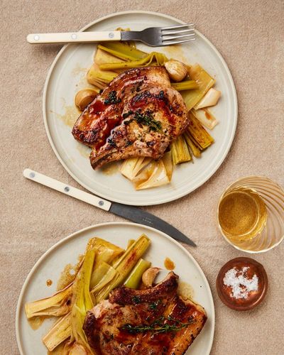 José Pizarro’s recipe for pork chops with manzanilla-braised leeks