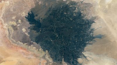 Earth from space: Massive field of ancient lava casts an eerie, gold-specked shadow in the Sahara