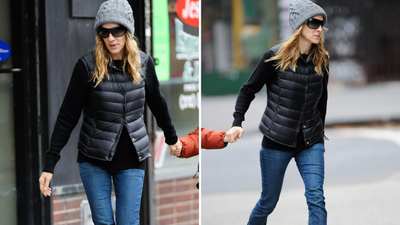 Sarah Jessica Parker's cosy grey UGGs with slouchy jeans, padded gilet and cable knit beanie nailed NYC winter