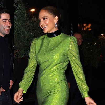 Jennifer Lopez Revives the Naked Shoe Trend With a Glistening Green Sequin Dress