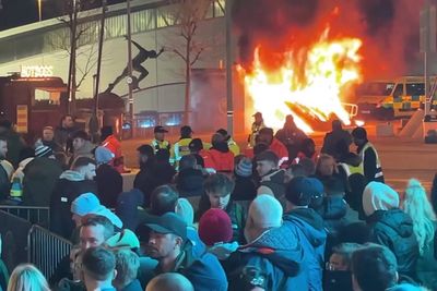 Video: Fire engulfs kiosk outside Etihad Stadium ahead of Man City's Champions League clash