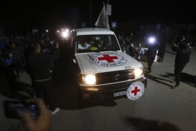 Red Cross Vehicles Arrive In Khan Younis For Hostage Release