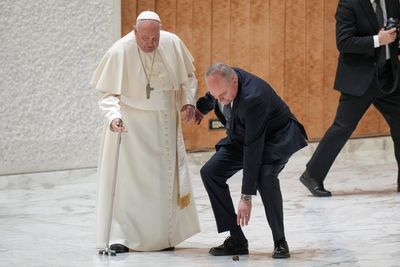 Pope Francis stumbles as his walking stick snaps at Vatican audience