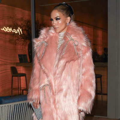 Jennifer Lopez Wears a Massive Pink Fur Coat and $3,580 Crystal-Covered Gown for the Grammys After-Party