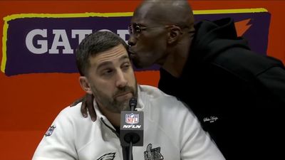 Nick Sirianni Got a Kiss on the Cheek From Chad Johnson at Super Bowl Media Day