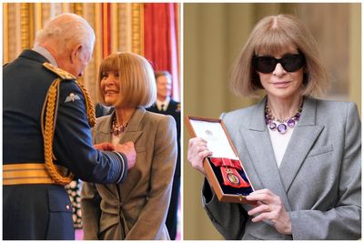 Anna Wintour takes off signature sunglasses as she is honoured by the King