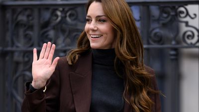 Kate Middleton looks smart in sleek chocolate brown blazer and pinstripe trousers for adorable work day in London