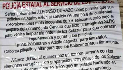 Three 'Narco Messages' Found in Sonora Accuse Local Law Enforcement of Working For The 'Los Salazar' Cartel