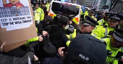 Protesters and police clash at rally against proposed China 'mega-embassy'