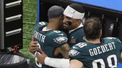 Mics Caught Jalen Hurts's Emotional Sideline Chat With DeVonta Smith During Super Bowl Win